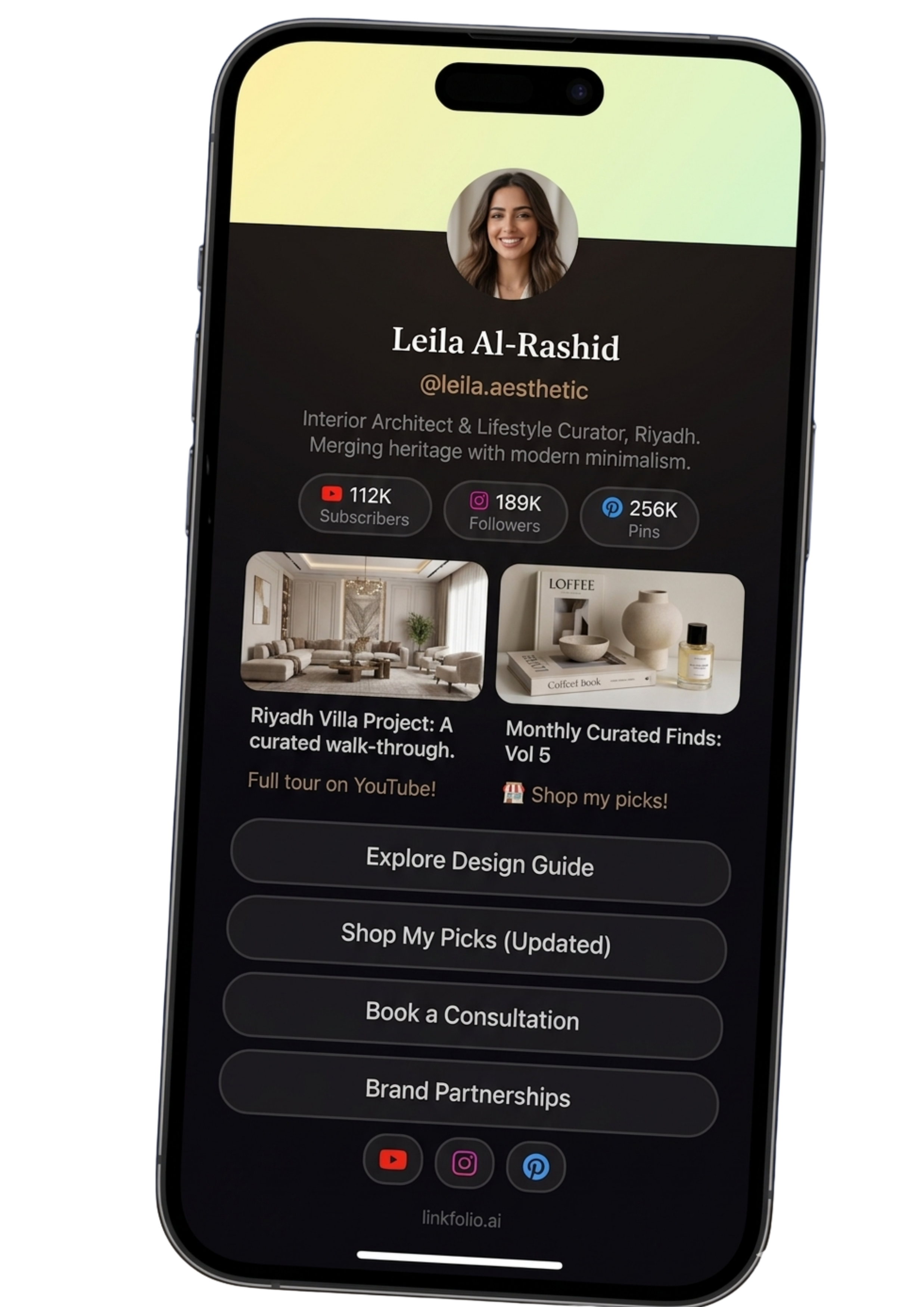 Leila Al-Rashid's Linkfolio creator page on an iPhone